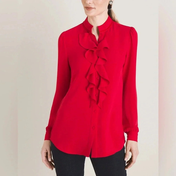 Chicos Ruffle Front Button Up Red Long Sleeve Blouse - Picture 1 of 13